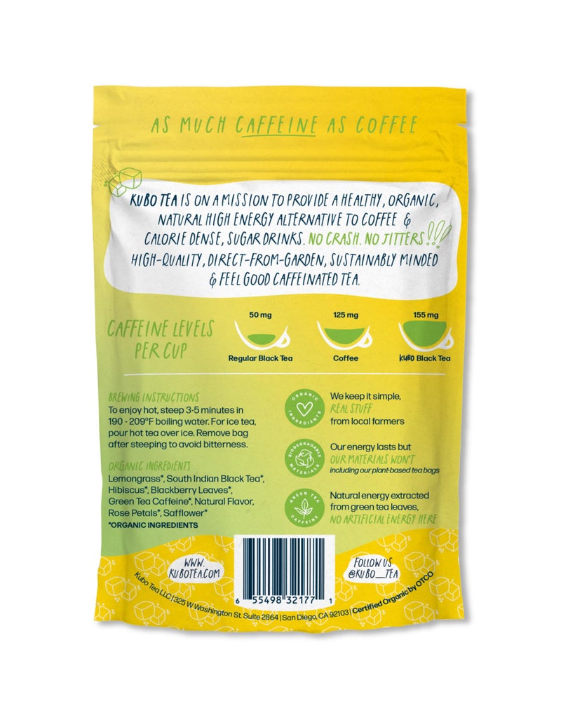 Kubo Tea Organic High Energy Iced Tea - High Caffeine Coffee Substitute with 20 Servings (155mg Caffeine each) - Pillow Tea Bags - Half & Half Lemonade Flavor w/Compostable & Biodegradable Packaging - Image 4
